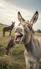 Funny laughing donkey, showing teeth with a couple of donkeys in the background.
