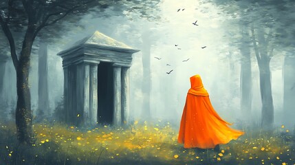 Woman in red cloak approaches ancient stone structure in misty forest.
