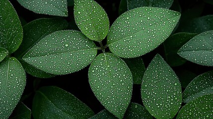 Fototapeta premium Close-up of lush green leaves covered in dew drops, showcasing vibrant texture and natural beauty.