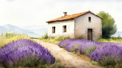 Serene Lavender Fields Surrounding Rustic Stone Cottage in Tranquil Landscape with Rolling Hills and Soft Light