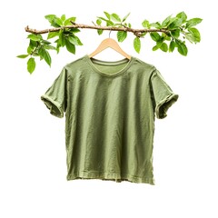 Bright green t-shirt hanging on a tree branch for a campaign promoting eco-friendly clothing and sustainable fashion practices