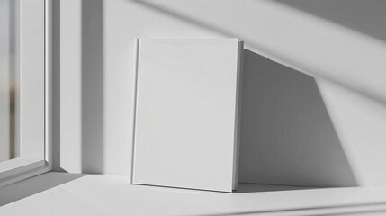 Minimalist White Book on Windowsill with Natural Light Shadows