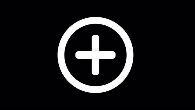 Icon plus circle is distorted. Glitch. Noise, chromatic aberration, geometric distortion. Transparent background, looped. In-Out looped. Alpha BW at the end