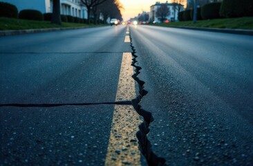 Cracked asphalt road during twilight hours reveals urban decay