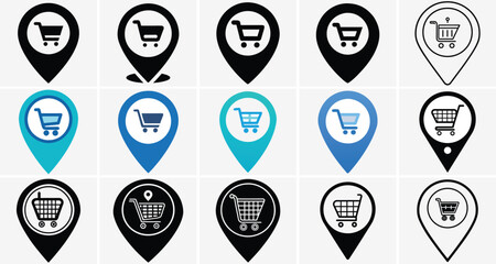 Shopping Location Icons Set– E-Commerce & Retail Store Map Pins for Online and Offline Shops,shopping icon Set,online shopping Set, location pin