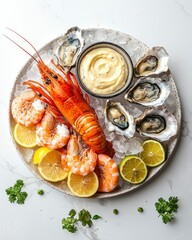 luxurious platter of seafood, shrimp, lemon and oysters with aioli sauce on white marble background. Elegant, fresh for dinner party