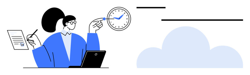 Woman holding checklist and pen, pointing at wall clock, with laptop and cloud. Ideal for productivity, scheduling, technology, remote work, data management cloud services time efficiency. Flat
