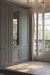 Fototapeta premium Grey wardrobe, Parisian apartment, sunlight, French doors, city view, home decor