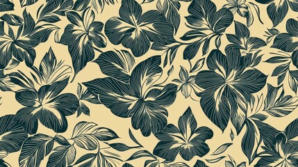 Elegant Floral Pattern with Dark Green Leaves on Cream Background