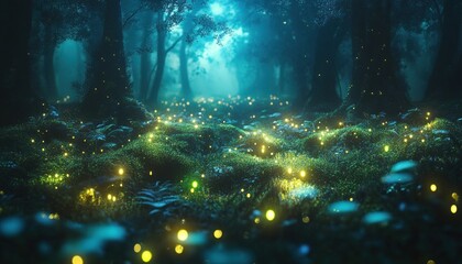 Mystical Bioluminescent Forest Scene with Fog and Lush Greenery