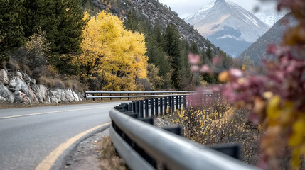 A winding mountain road showcases vibrant autumn foliage near snowcapped peaks