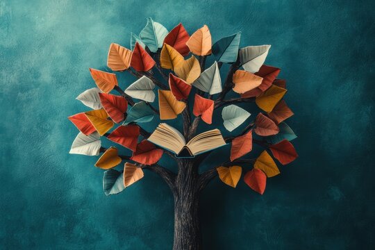 International Literacy Day concept with a tree where books serve as colorful leaves