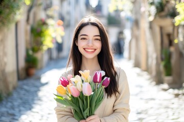 Fototapeta premium Woman smiling, holding tulips, cobblestone street, spring