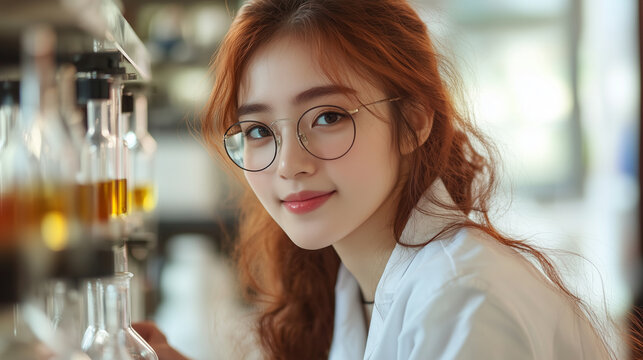 medicine research in chemical laboratory, chemist scientist working with liquid experiment test analysis by using scientific tube beaker glassware, chemistry science pharmaceutical medical lab concept