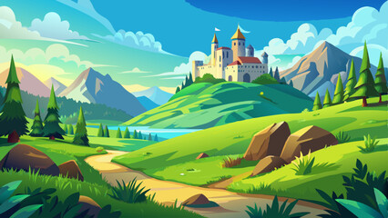 A serene landscape featuring rolling hills, lush greenery, and a majestic castle under a bright blue sky, perfect for fantasy themes. © ehsanollah