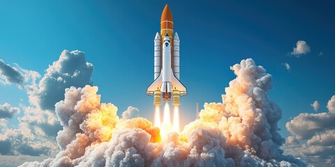 Fototapeta premium Powerful Rocket Launching Into the Sky Banner