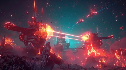 Obraz premium Futuristic battle scene with massive spaceships firing lasers amidst a volcanic landscape at dusk