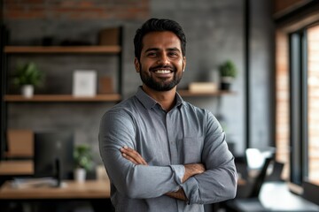 Obraz premium Indian businessman standing with arms crossed and smiling in a stylish IT company office