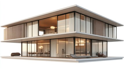 Fototapeta premium Modern two-story house with large windows, open floor plan, and expansive deck.