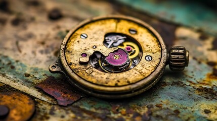 Close-up of antique watch mechanism on rusty surface.