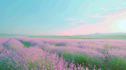 Fototapeta premium Expansive lavender field under a pastel sky, showcasing vibrant flowers in full bloom at sunset