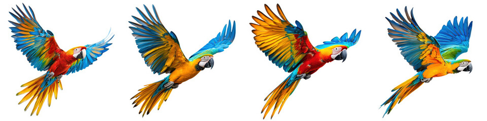 Fototapeta premium A group of lively and tropical parrots in various bright colors soaring through the air showcasing their beautiful and dynamic plumage