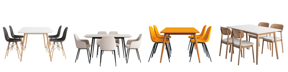 A collection of stylish contemporary dining furniture arrangements including tables chairs and benches in a minimalist design focused home setting