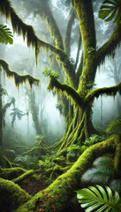Naklejka premium mystical, foggy rainforest with tall, moss-covered trees