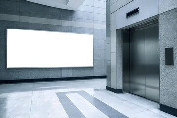 blank billboard on the wall in airport, modern office building or station, in hallway by lift, 3d render
