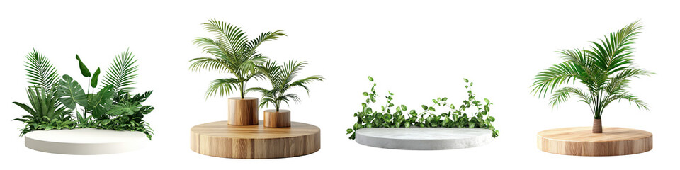 Obraz premium Tropical plants and foliage arranged in minimalist wooden planters for a modern nature inspired home or office decor display