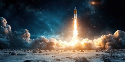 Obraz premium Powerful Rocket Launching Into the Sky Banner