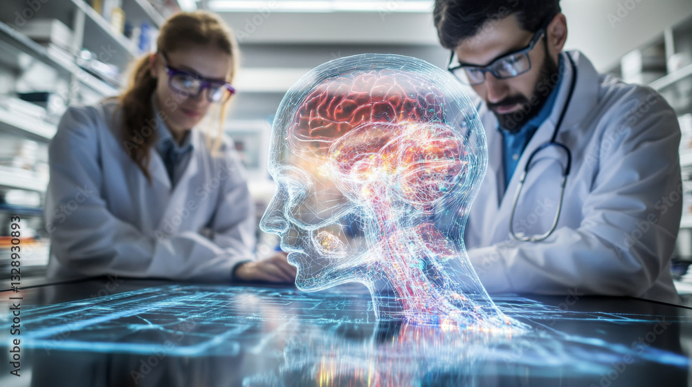 Poster Two interns work diligently in a modern lab focused on neuroscience, examining advanced brain simulations. They are eager to contribute to medical research and develop their skills in the field.