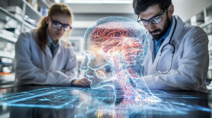 Two interns work diligently in a modern lab focused on neuroscience, examining advanced brain simulations. They are eager to contribute to medical research and develop their skills in the field.