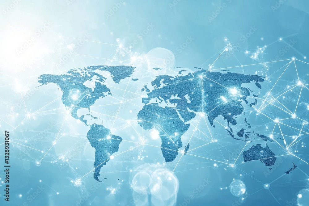 Poster light blue background with digital world map showcasing interconnected global networks for internati