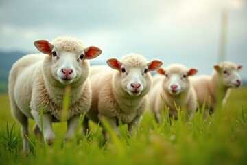 Fototapeta premium Charming group of fluffy white lambs grazing in a lush green meadow, capturing the beauty of nature, farm life, and the innocence of these adorable young sheep.