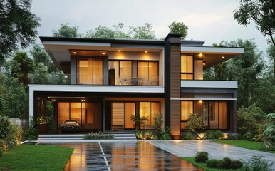 Photorealistic 3D Illustration of a Modern Luxury Home with Contemporary Architecture in a Lush Landscape