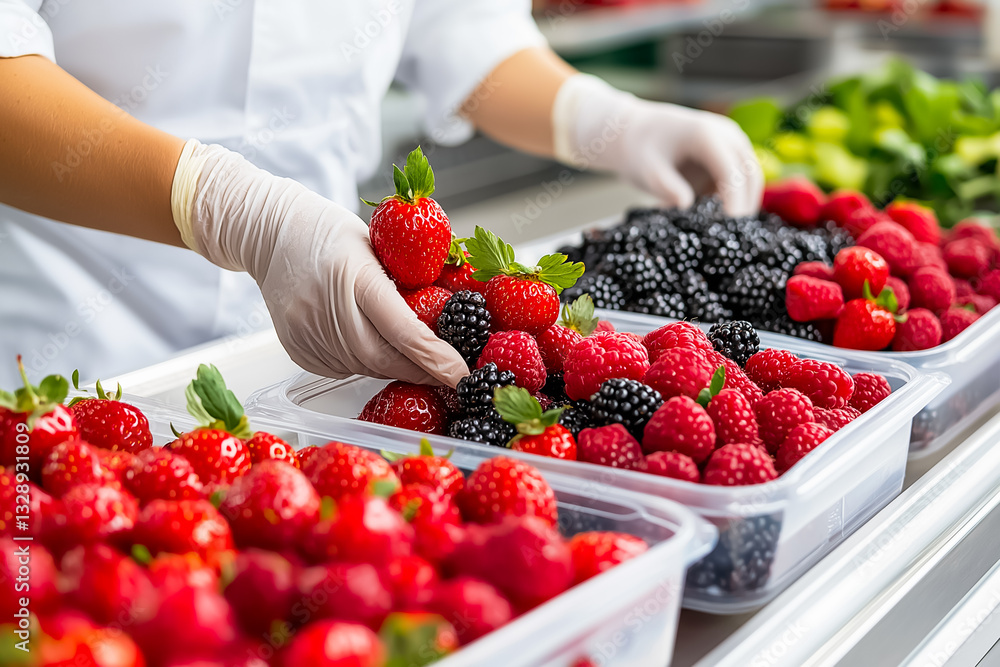 Poster hands gloved in white carefully sort and stack vibrant strawberries and blackberries in containers a
