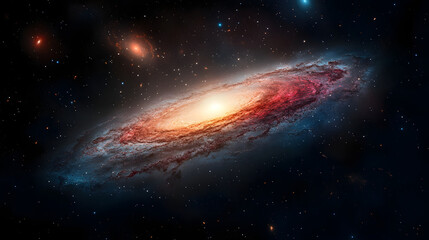 Fototapeta premium Celestial Canvas: Witness the breathtaking spiral galaxy, a swirling cosmic masterpiece of vibrant colors and intricate structures, floating serenely amidst the vastness of the universe.