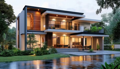 Fototapeta premium Modern Luxury Two-Story House with Clean Lines and Minimalistic Design Surrounded by Lush Greenery