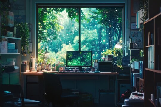Cozy lofi study with a messy desk, stars wallpaper, and a relaxing forest view