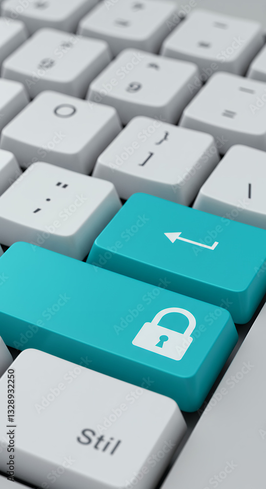 Poster secure key: keyboard closeup with padlock & enter buttons - data protection, cyber security