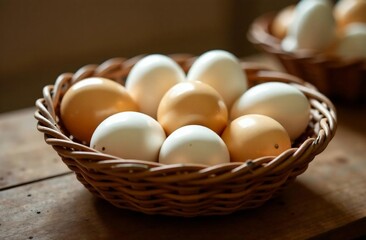 Natural easter eggs in basket, religious holiday easter, stand on wooden table, light. High quality photo