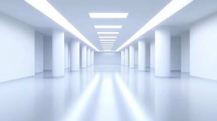 Obraz premium A spacious, minimalist hallway with white walls, polished floors, and bright overhead lighting, creating a modern and clean aesthetic.