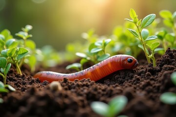 Fototapeta premium Vibrant earthworm emerges from nutrient-rich soil, surrounded by young green seedlings, playing a crucial role in enhancing soil fertility, plant growth, and ecosystem balance.
