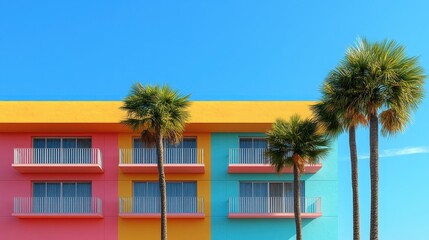 Fototapeta premium Colorful building with palm trees against blue sky