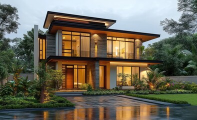 Fototapeta premium Modern Minimalistic Luxury Home with Lush Garden and Evening Lights