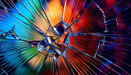 Close-up of shattered glass reflecting rainbow light refractions, creating a futuristic and abstract visual effect