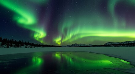 Fototapeta premium Stunning Aurora Borealis Display Over Frozen Lake and Mountains at Night