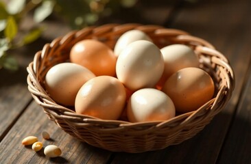 Natural easter eggs in basket, religious holiday easter, stand on wooden table, light. High quality...