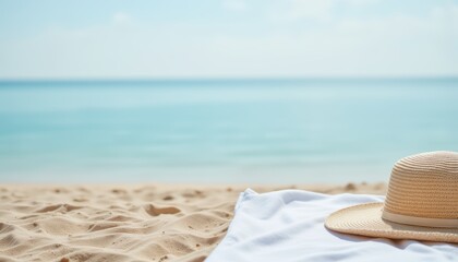 Relaxing Beach View with Sun Hat on Blanket by Calm Ocean Water and Sandy Shoreline
